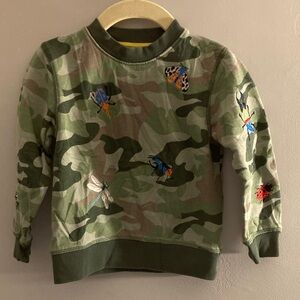 Mini Boden Green Camouflage Sweatshirt with Embroidered bug Accents